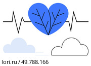 Blue heart with leaf vein pattern intersected by ECG line, placed above minimalist clouds. Ideal for health, wellness, environmental, medical, cardiovascular, nature-themed, eco-friendly projects. Blue Heart with Leaf Veins and ECG Line Above Minimalist Clouds in Modern, Clean Design. Стоковая иллюстрация, агентство Ingram Publishing / Фотобанк Лори