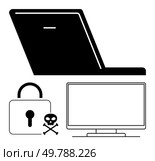 Laptop, desktop monitor, padlock, and skull and crossbones representing cybersecurity threats and data protection. Ideal for online safety, virus threats, security protocols, IT services, educational. Cybersecurity Elements Featuring Laptop, Monitor, Padlock, and Skull and Crossbones for Virus Threat. Стоковая иллюстрация, агентство Ingram Publishing / Фотобанк Лори