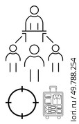 Group leader directing team members, target scope, and organized luggage highlights leadership, target setting, business travel. Ideal for management, goals, travel plans, team structure. Business Hierarchy with Target Focus and Travel Preparedness Concept in Linear Style. Стоковая иллюстрация, агентство Ingram Publishing / Фотобанк Лори