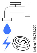 Water tap releasing a blue droplet above a coin and lightning bolt. Ideal for finance, energy, sustainability, cost savings, efficiency, utilities, and resource management. Line metaphor. Water Tap with Droplet, Coin, and Lightning Bolt Representing Economic and Energy Savings. Стоковая иллюстрация, агентство Ingram Publishing / Фотобанк Лори