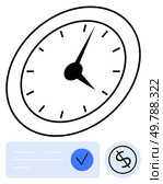 Clock with black hands and hash marks, blue checkmark on rectangular form, and dollar sign circled. Ideal for business strategy, productivity, finance, deadlines, schedules, planning efficiency. Time Management and Financial Planning Concept with Clock, Checkmark, and Dollar Sign. Стоковая иллюстрация, агентство Ingram Publishing / Фотобанк Лори