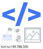 Web coding tag surrounded by credit card, coins, and hand icons representing online transactions, alongside an image upload icon. Ideal for web, v07 development, coding tutorials, e-commerce, financial. Web Development Coding Tag with Online Payment and Image Upload Integration. Стоковая иллюстрация, агентство Ingram Publishing / Фотобанк Лори