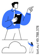 Man holding clipboard directs smaller person, showcasing mentorship, leadership. Ideal for business, teamwork, guidance, management, education inspiration strategy. Line metaphor. Large figure holding clipboard guiding smaller figure with a cloud below, emphasizing leadership. Стоковая иллюстрация, агентство Ingram Publishing / Фотобанк Лори