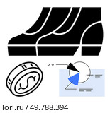 Black business shoes, a coin with a dollar sign, and a pie chart with data points. Ideal for financial growth, investments, business strategies, career progression, economic analysis, professional. Financial Growth Concept with Graph, Coin and Business Shoes Depicting Career Ascend. Стоковая иллюстрация, агентство Ingram Publishing / Фотобанк Лори