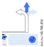 Woman contemplating three different arrow paths, each pointing in a distinct direction, and a checklist with a blue check mark. Ideal for decision making, planning, strategy, problem-solving, options. Person Thinking About Various Directions and Options Represented by Arrow Paths. Стоковая иллюстрация, агентство Ingram Publishing / Фотобанк Лори