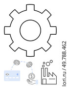 Large cogwheel with symbols of financial transactions, hand receiving money, and industrial factory. Ideal for business processes, industry, finance, automation, manufacturing, productivity. Industrial Gear with Financial Transactions and Manufacturing Facility Icons Highlighting Business Operations. Стоковая иллюстрация, агентство Ingram Publishing / Фотобанк Лори