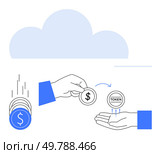 Hand exchanging dollar coin for token with cloud background, tokens falling. Ideal for finance, digital currency, blockchain, tokenization, online transactions, fintech cloud computing. Line. Digital Currency Exchange Hand Transferring Dollar Coin for Token with Cloud Background. Стоковая иллюстрация, агентство Ingram Publishing / Фотобанк Лори
