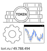 Stack of cryptocurrency tokens labeled TOKEN, gear symbol, and trading chart showing candlesticks with blue highlights. Ideal for finance, cryptocurrency, blockchain, technology, investment, trading. Cryptocurrency Token Stacks, Gear Mechanism, and Trading Chart Interface in Black and Blue. Стоковая иллюстрация, агентство Ingram Publishing / Фотобанк Лори