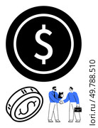 Large black dollar symbol, three coins, two business people shaking hands in blue attire holding documents. Ideal for finance, investment, partnership, stock market, contracts, economy business. Business partnership agreement with dollar symbols and coins representing financial dealings and success. Стоковая иллюстрация, агентство Ingram Publishing / Фотобанк Лори