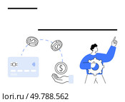 Man pointing upward holding a gear, next to card and hand exchanging dollar coins. Ideal for finance, payment systems, banking apps, transactions, fintech, savings online shopping. Line metaphor. Man pointing upward holding gear near hand and card with dollar coins illustrating transaction concept. Стоковая иллюстрация, агентство Ingram Publishing / Фотобанк Лори