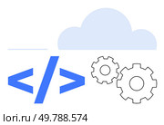 Cloud icon, coding brackets, and gears on a unified background. Ideal for tech presentations, software development, cloud services, automation, system integration DevOps and web, v09 development. Line. Cloud Computing with Coding and Gear Symbols Representing Integration and Development. Стоковая иллюстрация, агентство Ingram Publishing / Фотобанк Лори