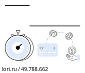 Stopwatch, credit card, hand catching coins illustrate quick monetary transfers. Ideal for banking, finance, e-commerce, fintech, time management digital payments instant transactions. Line. Fast Financial Transactions with Credit Card and Hand Receiving Coins. Стоковая иллюстрация, агентство Ingram Publishing / Фотобанк Лори
