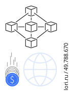 Networked cubes representing blockchain technology, blue coins symbolizing cryptocurrency, and a globe icon signifying global connectivity. Ideal for finance, technology, global trade, security. Blockchain Structure with Cryptocurrency and Global Connectivity. Стоковая иллюстрация, агентство Ingram Publishing / Фотобанк Лори