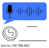 Microphone and sound wave in blue chat bubble above coin with dollar sign. Ideal for finance, technology, digital payments, fintech, voice recognition, app development, and e-commerce. Line metaphor. Voice Command Payments Enabled with Microphone and Sound Waves in Blue Bubble. Стоковая иллюстрация, агентство Ingram Publishing / Фотобанк Лори