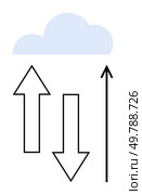 Cloud three arrows indicating data flow and connectivity. Ideal for tech, data transfer, cloud computing, connectivity, internet, communication, digital networks. Line metaphor. Cloud Connectivity and Data Transfer Symbolism with Upward and Downward Arrows. Стоковая иллюстрация, агентство Ingram Publishing / Фотобанк Лори