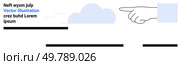 Hand pointing right with cloud and text beside it. Ideal for educational content, navigation directions, instructional guides, call-to-action prompts, website headers, infographics, and digital. Hand Pointing with Cloud and Text Elements in Minimalistic Vector Design. Стоковая иллюстрация, агентство Ingram Publishing / Фотобанк Лори