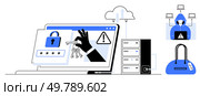 Hacker stealing keys and passwords from laptop with security warnings, server, cloud, hooded figure, and lock. Ideal for cybersecurity, data protection, online safety, encryption system security. Cybersecurity Threats Hacker Stealing Passwords and Data from Secured System via Online Attack. Стоковая иллюстрация, агентство Ingram Publishing / Фотобанк Лори