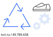 Blue recycling triangle with arrows, shoe outline, and gears. Ideal for sustainability, recycling, eco-friendly products, footwear industry, green technology, environmental conservation, waste. Sustainable Footwear Production Through Recycling and Technological Innovation. Стоковая иллюстрация, агентство Ingram Publishing / Фотобанк Лори