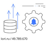 Database storage cylinder with upward arrows next to a gear containing a notification bell symbol. Ideal for system performance, data management, IT alerts, process automation, software development. Database Growth Visualization with Notification Bell Inside Gear for System Monitoring. Стоковая иллюстрация, агентство Ingram Publishing / Фотобанк Лори
