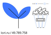 Large plant leaf and popcorn bucket with progress bar. Ideal for sustainability, agriculture, packaging, culinary arts, environmental initiatives, progress tracking, education. Line metaphor. Plant with Biodegradable Popcorn Packaging Concept Highlighting Eco-Friendly Initiatives. Стоковая иллюстрация, агентство Ingram Publishing / Фотобанк Лори