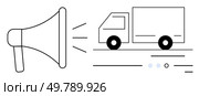 Megaphone emitting sound waves towards a delivery truck in motion. Ideal for shipping notifications, logistics updates, transportation alerts, marketing materials, communication visuals, online store. Megaphone Announcing Delivery Truck Arrival. Стоковая иллюстрация, агентство Ingram Publishing / Фотобанк Лори