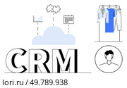 Cloud connects CRM, analytics, puzzle pieces, calendar, clothing rack, and male user profile. Ideal for business management, customer relations, data tracking coordinated tasks fashion industry. Cloud-based CRM with analytics, scheduling, user profile, and customizable wardrobe integration. Стоковая иллюстрация, агентство Ingram Publishing / Фотобанк Лори