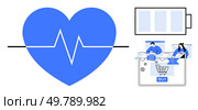 Large blue heart with a digital pulse line, connected battery icon, and online shopping scenes. Ideal for e-commerce, online transactions, digital health, tech innovation, user experience, customer. Online Shopping Simplified with Digital Heartbeat and Optimized Checkout for E-commerce Efficiency. Стоковая иллюстрация, агентство Ingram Publishing / Фотобанк Лори
