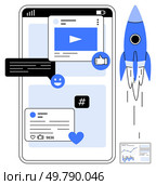 Smartphone screen with social media icons including thumbs up, comment, and metadata tag. Blue rocket symbolizing growth. Ideal for digital marketing, tech innovations, social media strategies, user. Social Media Engagement on Smartphone with Rocket Icon for Digital Growth. Стоковая иллюстрация, агентство Ingram Publishing / Фотобанк Лори