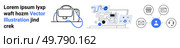 Combination of a messenger bag, laptop with graphics and documents, and circular icons for email, profile, and settings. Ideal for websites, apps, marketing materials, tech presentations, business. Sleek Modern Workspace and Communication Elements in Blue and Black Theme. Стоковая иллюстрация, агентство Ingram Publishing / Фотобанк Лори
