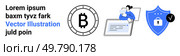 Bitcoin symbol, person with laptop, blue shield icon with lock. Ideal for cryptocurrency, blockchain technology, online security, digital transactions, fintech solutions, data protection, landing. Cryptocurrency with Blockchain Technology and Enhanced Security Measures Depicted. Стоковая иллюстрация, агентство Ingram Publishing / Фотобанк Лори