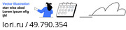 Woman in blue outfit pointing at a calendar for scheduling tasks with lorem ipsum placeholder text and a minimalist cloud design. Ideal for websites, landing pages, task management, user interfaces. Woman pointing at calendar for scheduling with lorem ipsum text and cloud design. Стоковая иллюстрация, агентство Ingram Publishing / Фотобанк Лори