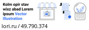 Shopping bag in store window, receipts with checkmark, and potted plant. Ideal for e-commerce, storefronts, financial management, online receipts, decorating themes, modern business, digital. Online Shopping Storefront with Shopping Bag, Receipts, and Plant - Vector Graphic. Стоковая иллюстрация, агентство Ingram Publishing / Фотобанк Лори