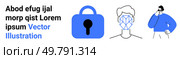 Padlock representing security, facial recognition technology scanning a human face, and man in thought. Ideal for technology, security, privacy, biometric systems, data protection, software. Data security and facial recognition technology concept with padlock and biometric face scan. Стоковая иллюстрация, агентство Ingram Publishing / Фотобанк Лори