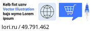 Globe icon representing global reach, chat bubble with shopping cart indicating e-commerce, and blue rocket symbolizing growth. Ideal for digital marketing, global business, e-commerce. Vector Design Featuring Globe, Shopping Cart in Chat Bubble, and Blue Rocket for Digital Marketing Needs. Стоковая иллюстрация, агентство Ingram Publishing / Фотобанк Лори
