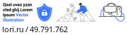 Person digging through rocks discovering symbols of coins, clock, and percentage. Shield lock, business bag. Ideal for fintech, security, banking, e-commerce, investments, online learning. Landing. Secure Payment Solutions with Conceptual Digging and Online Wallet. Стоковая иллюстрация, агентство Ingram Publishing / Фотобанк Лори