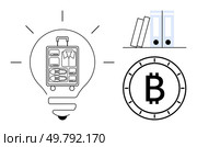 Lightbulb containing organized luggage symbolizes ideas and planning. Bitcoin coin represents cryptocurrency. Bookshelf with binders indicates organization and knowledge. Ideal for travel, finance. Creative Concepts with Luggage Inside Lightbulb, Bitcoin Symbol, and Bookshelf with Binders. Стоковая иллюстрация, агентство Ingram Publishing / Фотобанк Лори