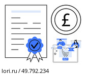 Official document with blue seal and checkmark, pound sterling currency sign, e-commerce dashboard featuring cashback and discount icons. Ideal for finance, e-commerce, official documents, currency. Official Document with Seal, Pound Sterling Currency Sign, and E-commerce Dashboard Elements. Стоковая иллюстрация, агентство Ingram Publishing / Фотобанк Лори