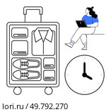 Packed suitcase including shoes and folded clothes, woman using laptop while seated, and a clock showing 1200. Ideal for travel preparation, remote work, time management, business trips, efficient. Organized luggage with essential items, woman working on a laptop, and a clock indicating 1200. Стоковая иллюстрация, агентство Ingram Publishing / Фотобанк Лори