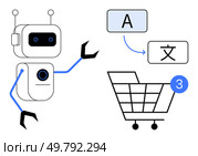 Robot interacting with language translation process, pointing from letter A to Chinese character. Shopping cart with number 3. Ideal for AI, translation, e-commerce, technology. Line metaphor. Robot Translating Languages with Cart and Number 3 Symbol. Стоковая иллюстрация, агентство Ingram Publishing / Фотобанк Лори