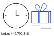 Clock showing 9 oclock next to a wrapped present with a bow. Ideal for time management, gift planning, holiday preparation, events scheduling, work-life balance, punctuality, corporate gifting. Line. Time Management and Gift Giving Concept Featuring Clock and Wrapped Present with Bow. Стоковая иллюстрация, агентство Ingram Publishing / Фотобанк Лори