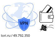 VPN shield icon representing secure global connectivity, globe with network lines, and digital wallet with fly representing security vulnerabilities. Ideal for internet security, online banking. Secure Global Connectivity with VPN Shield and Digital Wallet Security Against Malware. Стоковая иллюстрация, агентство Ingram Publishing / Фотобанк Лори