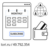 Monthly calendar with subscribe button, wallet holding a credit card, interconnected user icons. Ideal for ecommerce, subscriptions, billing management, financial planning, online services, community. Online Subscription Payment Concept Featuring Monthly Calendar, Wallet with Card, and Social Network. Стоковая иллюстрация, агентство Ingram Publishing / Фотобанк Лори