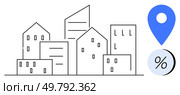 Simplistic line art of various urban buildings beside a blue location pin and percentage symbol. Ideal for real estate, investment, property management, urban planning, marketing, business. Urban buildings with location marker and percentage symbol indicating real estate and investment trends. Стоковая иллюстрация, агентство Ingram Publishing / Фотобанк Лори