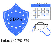 Shield with GDPR text, calendar with events, and business briefcase. Ideal for compliance, data protection, privacy policy, business planning, schedule management, corporate responsibility. GDPR Compliance Calendar with Shield Emblem and Business Briefcase Visual Concept. Стоковая иллюстрация, агентство Ingram Publishing / Фотобанк Лори
