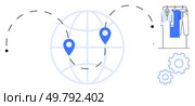Two location pins connected over a globe indicate supply chain. Gear icons and wardrobe with clothes suggest manufacturing and distribution. Ideal for logistics, fashion, business, distribution. Global Supply Chain of Clothing Represented by Geographical Points, Wardrobe, and Gears. Стоковая иллюстрация, агентство Ingram Publishing / Фотобанк Лори