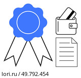 Award ribbon, wallet with a credit card, and a document symbolize recognition, finance, and documentation. Ideal for achievements, financial themes, business, organization documentation rewards. Blue Award Ribbon, Wallet with Credit Card, and Document Icon Representing Achievement and Organization. Стоковая иллюстрация, агентство Ingram Publishing / Фотобанк Лори