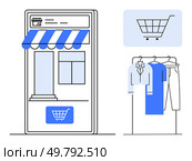 Smartphone screen displaying an online storefront with an awning, a clothing rack with garments, and a shopping cart icon. Ideal for e-commerce, mobile apps, online shopping, digital retail, fashion. Mobile Shopping App Interface with Clothing Storefront and Shopping Cart Icon. Стоковая иллюстрация, агентство Ingram Publishing / Фотобанк Лори