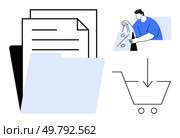 Shopper holding shopping bags, stack of documents, shopping cart icon with download arrow. Ideal for e-commerce, shopping, online transactions, data management, consumer behavior, digital paperwork. E-commerce Checkout Shopper with Shopping Bags, Files, and Shopping Cart Arrow. Стоковая иллюстрация, агентство Ingram Publishing / Фотобанк Лори