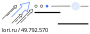 Arrows pointing upwards, dot elements, horizontal lines, and a checkmark. Ideal for growth, progress, focus, achievement strategy development and goals. Line metaphor. Multiple Arrows Moving Upwards with Dotted Elements and Checkmark Illustrating Progress and Focus. Стоковая иллюстрация, агентство Ingram Publishing / Фотобанк Лори