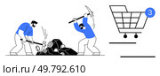 Two workers using hammers to break stones into smaller pieces and a shopping cart with three items. Ideal for themes of labor, teamwork, hard work, construction, mining, e-commerce, digital shopping. Workers breaking stone blocks with hammers while a shopping cart indicates three items. Стоковая иллюстрация, агентство Ingram Publishing / Фотобанк Лори
